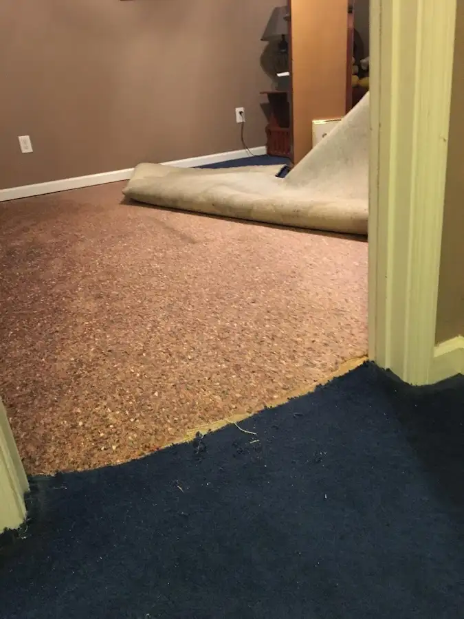 Carpet pad removal revealing water damage during Water Mitigation Services in Bay St. Louis